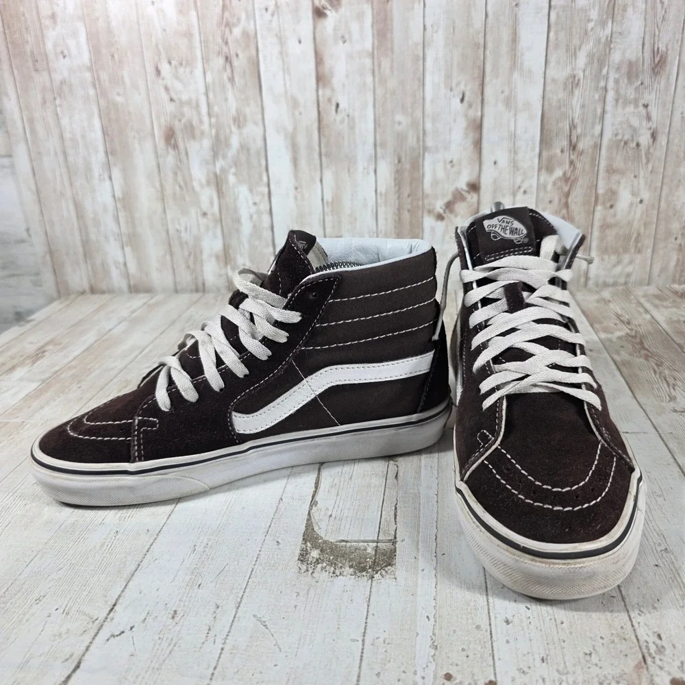Vans Sk8-Hi High Top Sneakers‎ Brown Suede White Stripe Womens 8 Mens 6.5